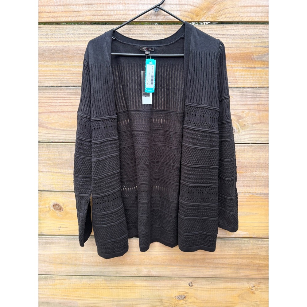 Lety & Me Black Pointelle Textured Open Front Cardigan W2268SX Plus 1X NEW